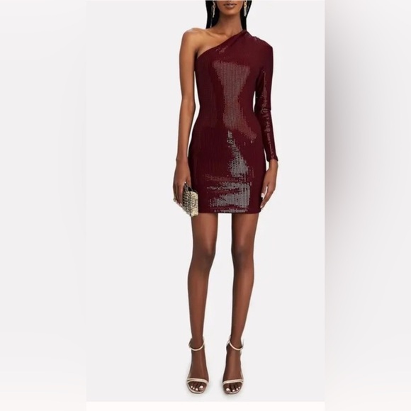 Solace London Zuri Sequined One-Shoulder Mini Dress in Burgundy NWT - Picture 1 of 5